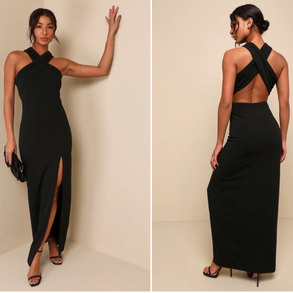 Lulu's Black Crisscross Halter Maxi Dress with Side Slit